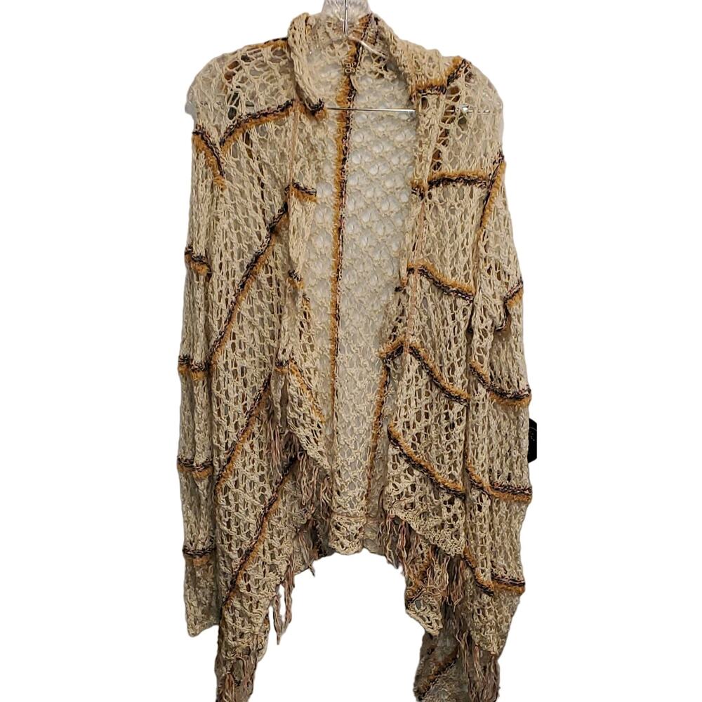 BKE Cream Open Knit Waterfall Sweater Cardigan Fringe Trim Size Small